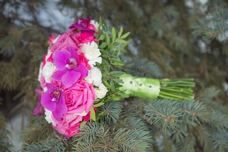 Bridal beautiful romantic bouquet of various flowersの写真素材