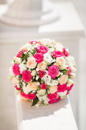 Bridal beautiful romantic bouquet of various flowersの写真素材