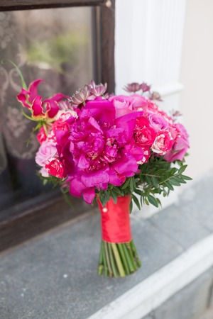 Bridal beautiful romantic bouquet of various flowersの写真素材