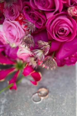 Bridal beautiful romantic bouquet of various flowersの写真素材