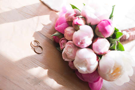 Bridal beautiful romantic bouquet of various flowersの写真素材