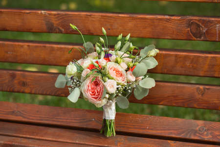 Bridal beautiful romantic bouquet of various flowersの写真素材
