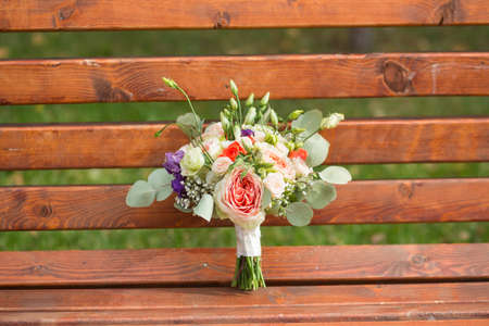 Bridal beautiful romantic bouquet of various flowersの写真素材