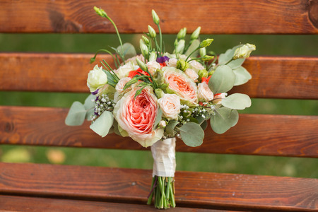 Bridal beautiful romantic bouquet of various flowersの写真素材