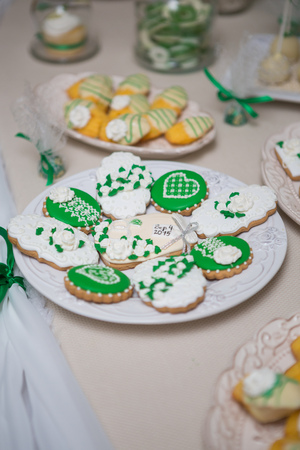 Fancy wedding table set and decorations in the emeraldの写真素材