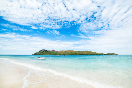 Tropical island at Seychelles and boats - nature backgroundの写真素材