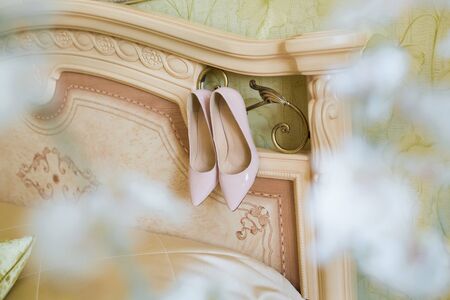 Beige Wedding shoes on the gatherings of the brideの写真素材
