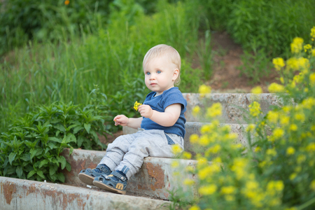 Happy cute boy on old street. Smiling one child outdoors is sitting on stairs with grass and yellow flowersの写真素材