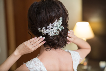Beautiful portrait of a cute brunette gorgeous bride's hairstyle, back view. Wedding hairstyle with jewelry decoration, close upの写真素材