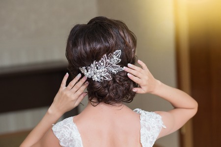 Beautiful portrait of a cute brunette gorgeous bride's hairstyle, back view. Wedding hairstyle with jewelry decoration, close upの写真素材