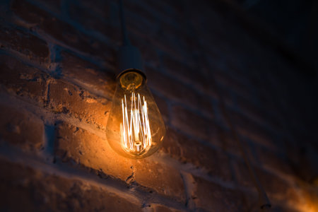 Light bulb lamp on dark red brick background close up. Loft Horizontal texture. Vintage wall in the...