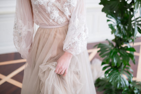 Beautiful bride in fashion wedding dress. Closeup beautiful fiancee portrait, young gorgeous bride.の写真素材