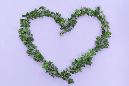 Top view of heart symbol made of natural flowers, buds and leaves. Love concept, flat lay.の写真素材