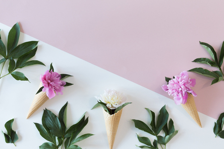 Top view of waffle cones with peony flowers on pastel pink and white background, flat layの写真素材