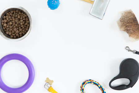 Toys and accessories for pets dog on white background. Top view of dog food, leash, collar, ball and bowl, flat lay, copy spaceの写真素材