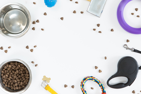 Toys and accessories for pets dog on white background. Top view of dog food, leash, collar, ball and bowl, flat lay, copy spaceの写真素材