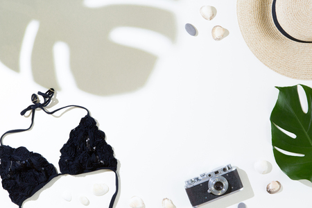 Flat lay and top view of traveler accessories on white background with copy space. Travel, tropical trip and vacation concept. Summer background.の写真素材