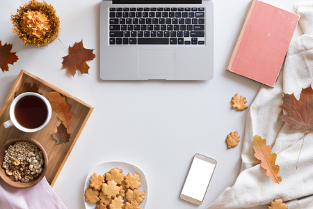 Top view and flat lay of autumn composition background. Laptop, cup of hot tea, book, autumn leaves and flowers, cinnamon cookies on white background.の写真素材