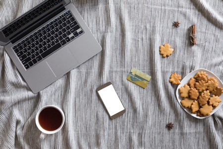 View from above of autumn background with mobile phone, laptop, autumn leaves, cookies, vintage book on knitted wrap. Top view and flat layの写真素材