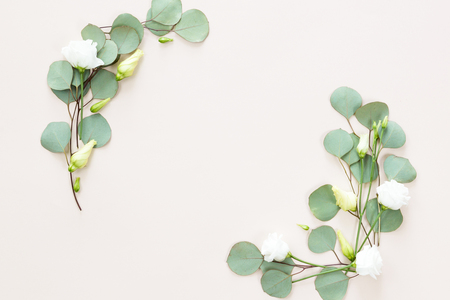 FLower frame with fresh branches, white roses and eucalyptus leaves isolated on white background, flat lay and top view, copy spaceの写真素材