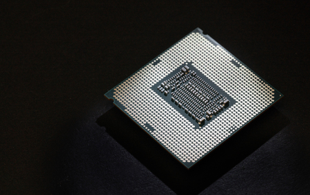 Computer processor on black background close-up, technology conceptの写真素材
