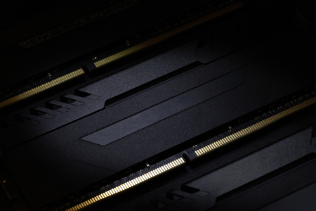 Close-up of Computer RAM (Random Access Memory) module on black background.の写真素材