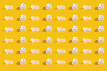 Top view of Rolls of toilet paper and White feather, seamless photographic pattern. Repetitive...