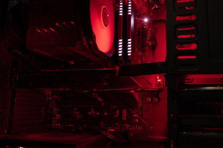 Computer cooling system in red and white color. Cooling and fan the microprocessor in a digital...