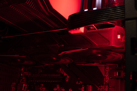 Computer cooling system in red and white color. Cooling and fan the microprocessor in a digital...