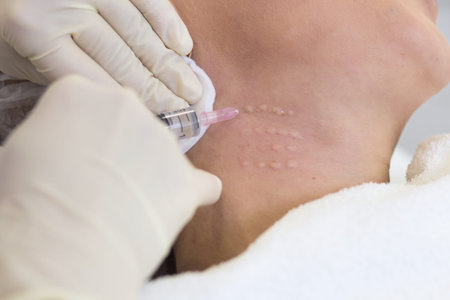Cosmetologist makes a mesotherapy procedure and Microcurrent therapy of a adult woman in a beauty...