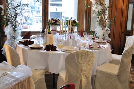 Warsaw, Poland - January 16, 2010 - Wedding reception table set prepared during the Wedding Fashion Show.のeditorial素材