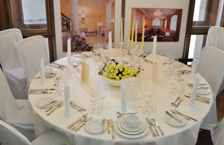 Warsaw, Poland - January 16, 2010 - Wedding reception table set prepared during the Wedding Fashion Show.のeditorial素材
