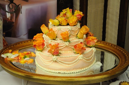 Warsaw, Poland - January 16, 2010 - Three tiered wedding cake presented during the Wedding Fashion Show.のeditorial素材