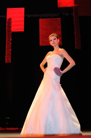 Warsaw, Poland - January 16, 2010 - Model in bridal dress on the catwalk, during the Wedding Fashion Show.のeditorial素材
