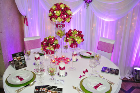 Warsaw, Poland - January 16, 2010 - Wedding reception table set presented at the trade fair - Polish Wedding Gala.のeditorial素材