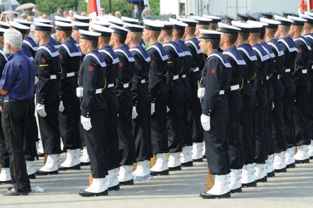 Warsaw, Poland - August 15, 2010 - Navy sailors in formation during celebrations of the Polish Armed...