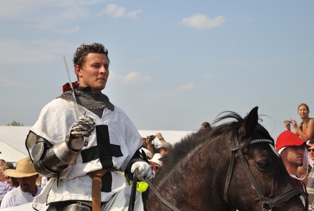 Grunwald, Poland - July 18, 2009 - Participant of historical reenactment 1410 Battle of Grunwald, Kingdom of Poland and the Grand Duchy of Lithuania against the Teutonic Order.のeditorial素材