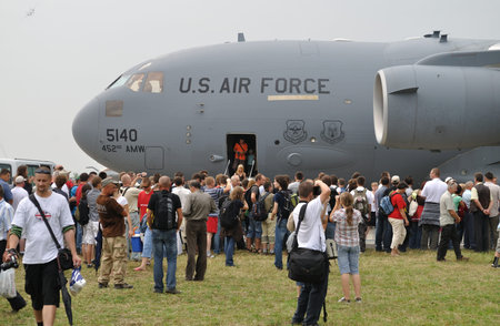 Radom, Poland - August 29, 2009 - Spectators view Boeing C-17 Globemaster at an airshow.