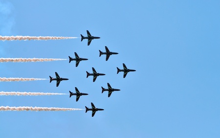 Radom, Poland - August 30, 2009 - The RAF Red Arrows aerobatic team flying in formation.のeditorial素材