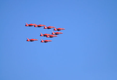 Radom, Poland - August 30, 2009 - The RAF Red Arrows aerobatic team flying in formation.のeditorial素材