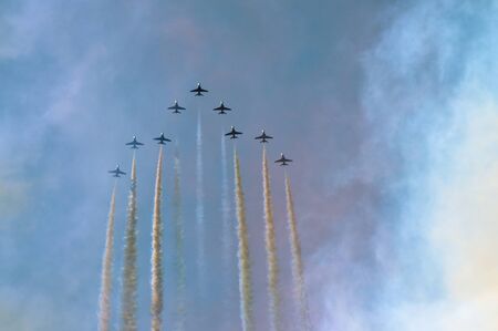 Radom, Poland - August 30, 2009 - Air show on the sky, by the RAF Red Arrows team.のeditorial素材