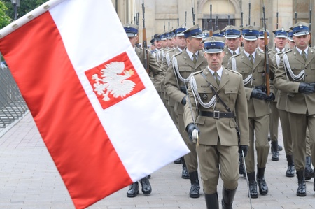 Warsaw, Poland - May 28, 2011 - Company Representative of the Polish Armed Force marching in formation, during the visit of U.S. President Barack Obama in the Presidential Palace.のeditorial素材