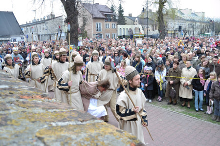Gora Kalwaria, Poland - April 17, 2011 - Actors reenact scene of Jesus brought to Pilate by the...