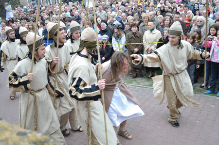 Gora Kalwaria, Poland - April 17, 2011 - Actors reenact scene of Jesus brought to Pilate by the...