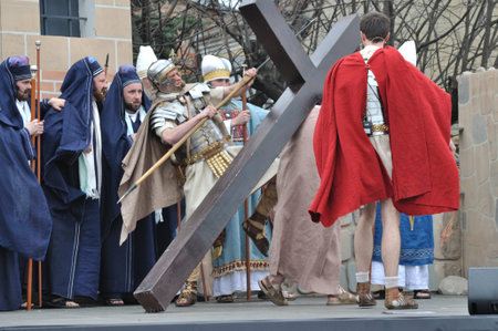 Gora Kalwaria, Poland - April 17, 2011 - Jesus carrying his cross, on the way to his crucifixion,...
