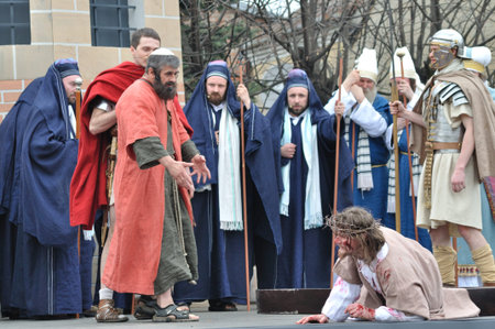 Gora Kalwaria, Poland - April 17, 2011 - Jesus falls on the way to his crucifixion, during the...