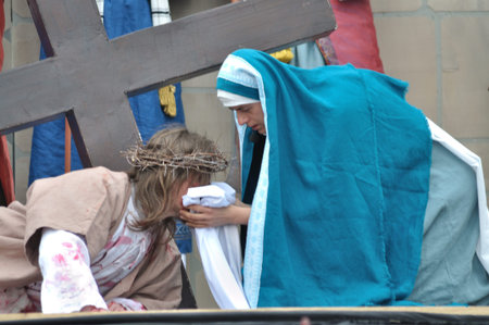 Gora Kalwaria, Poland - April 17, 2011 - Veronica wipes the face of Jesus, during the street...