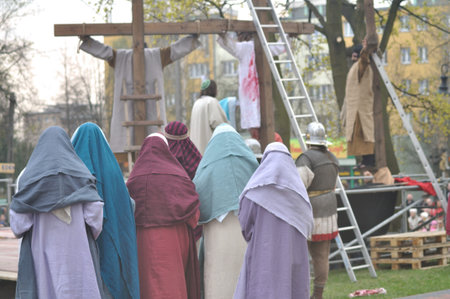 Gora Kalwaria, Poland - April 17, 2011 - Actors reenacting the crucifixion of Jesus Christ, during...