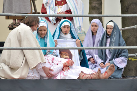 Gora Kalwaria, Poland - April 17, 2011 - Actors reenacting the removing a body of Jesus Christ from...