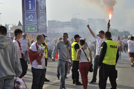 Warsaw, Poland - June 8, 2012 - Poland fans at the Warsaw fan zone during the UEFA EURO 2012 Group A match against Greece.のeditorial素材